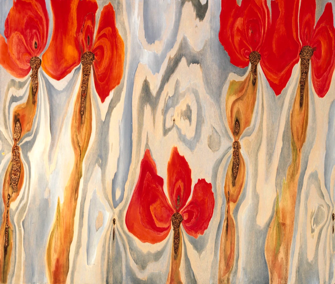 Poppies / Jardin by Mónica Ceniceros — red poppies and gold worked into the natural grain of wood