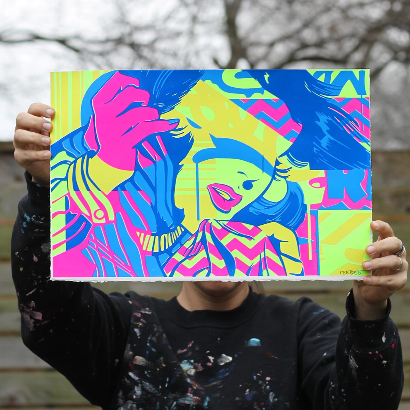 A neon pop-art screenprint by Phoebe Joynt (FEEBEE) in bright pink, blue, and yellow