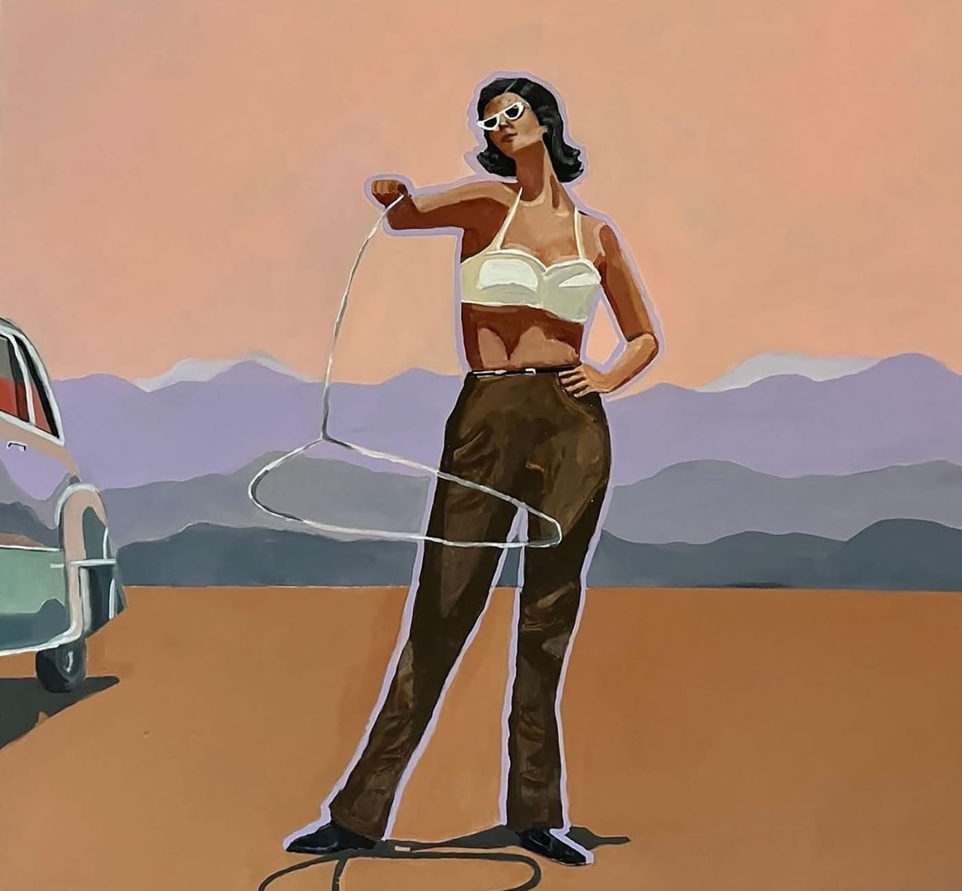A painting by Sarah Boisvert — a figure in sunglasses standing in a desert landscape with mountains and a vintage car
