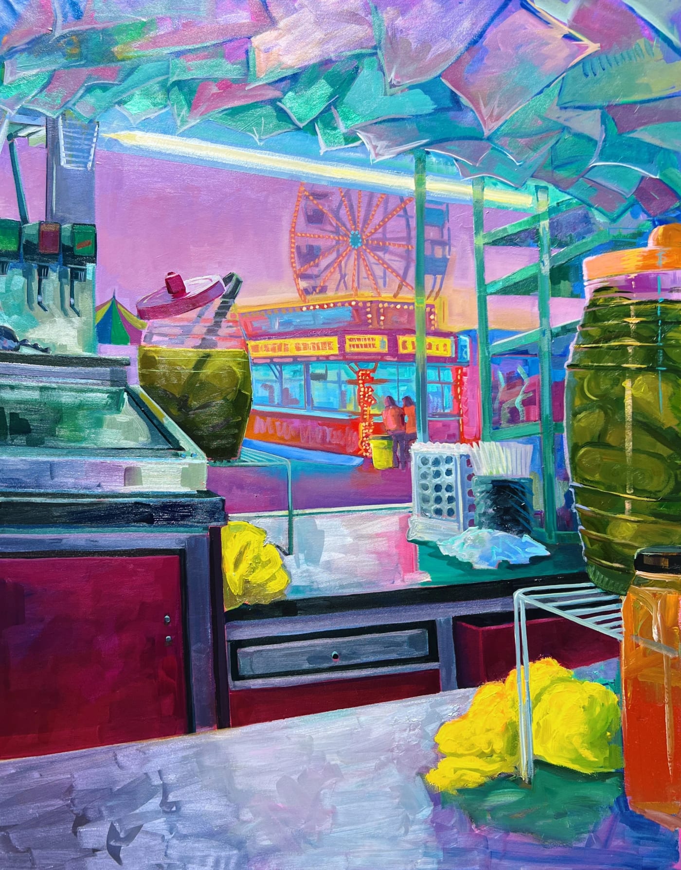 A painting from Sari Shryack's Carnival Series — a vivid fairground scene with a ferris wheel and lemons
