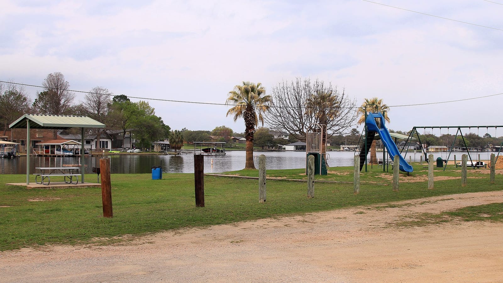 Private docks on a calm Lake LBJ cove in Granite Shoals