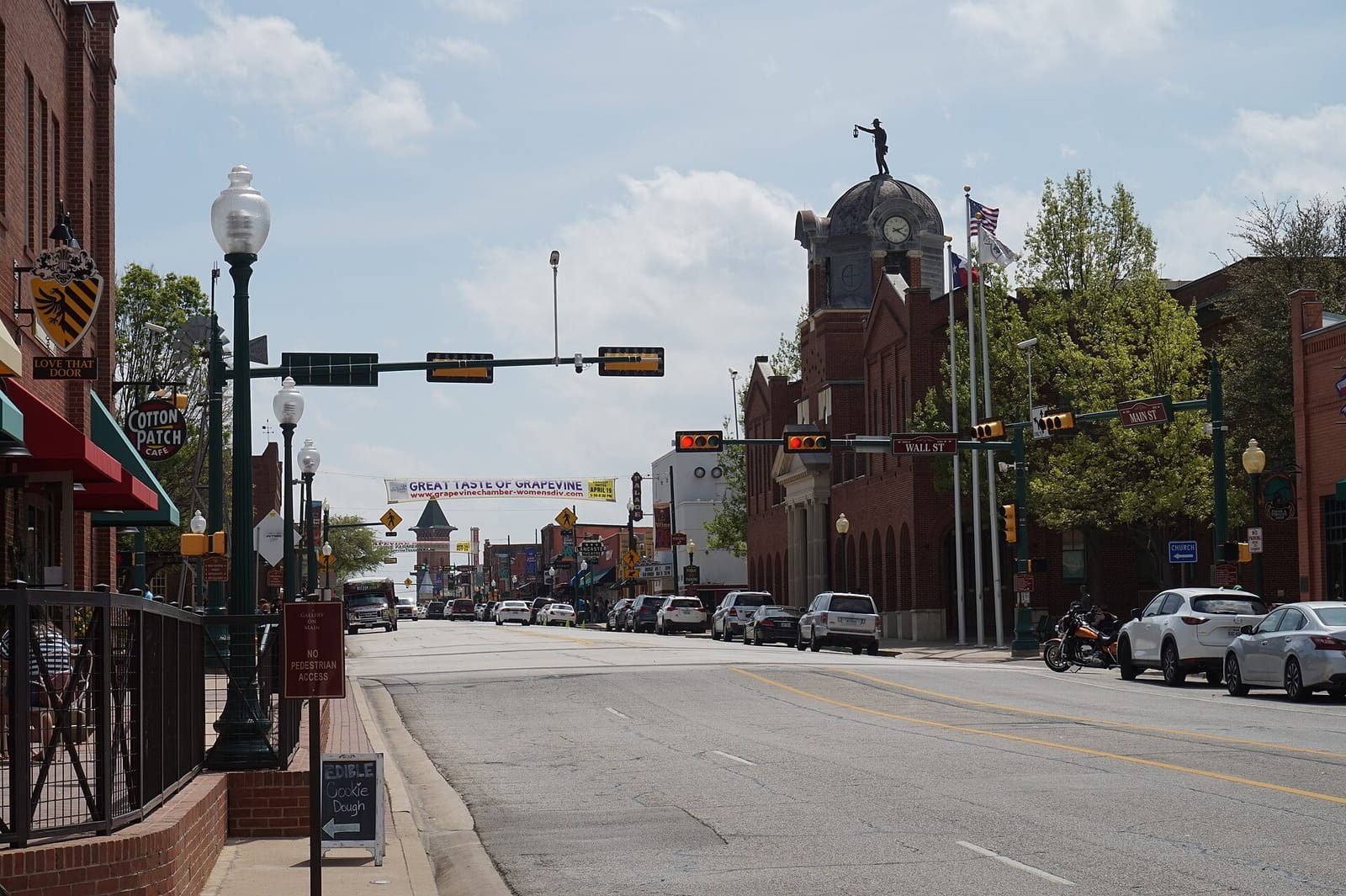 Historic brick storefronts lining Main Street in downtown Grapevine