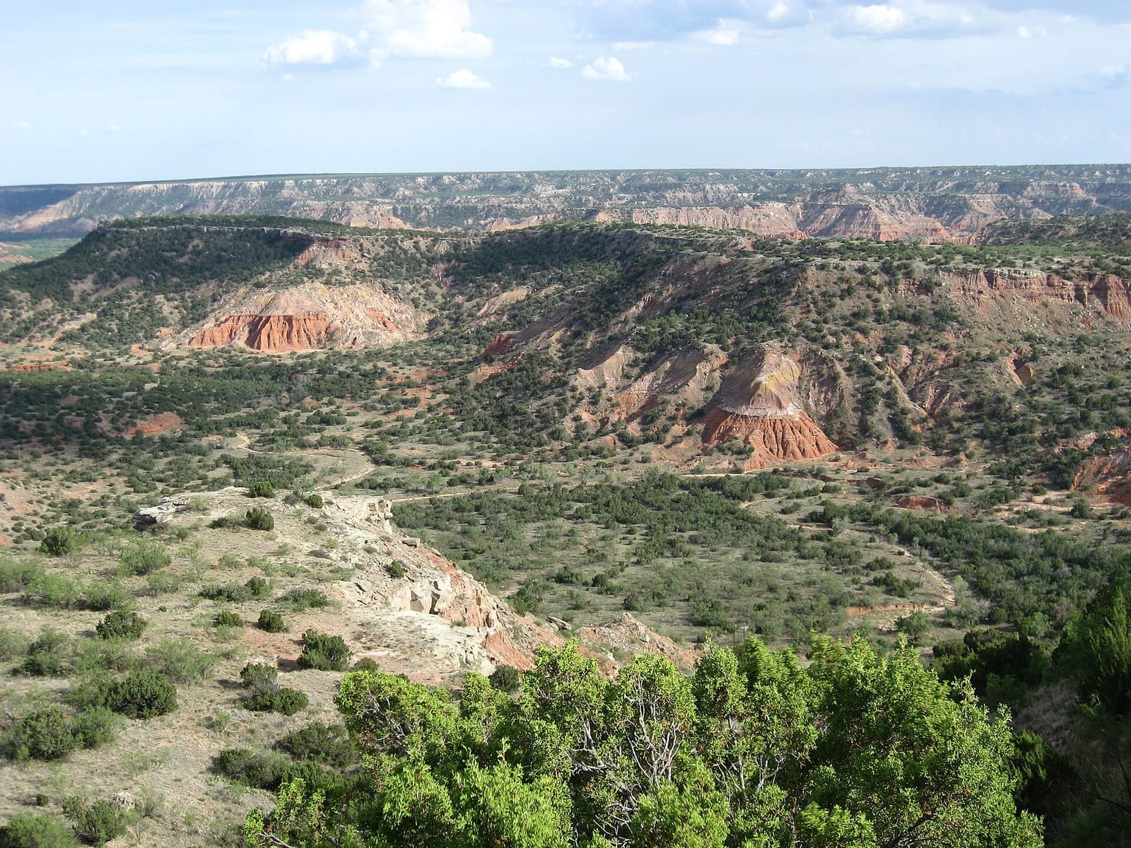 Red and orange banded rock walls of Palo Duro Canyon under a wide Panhandle sky