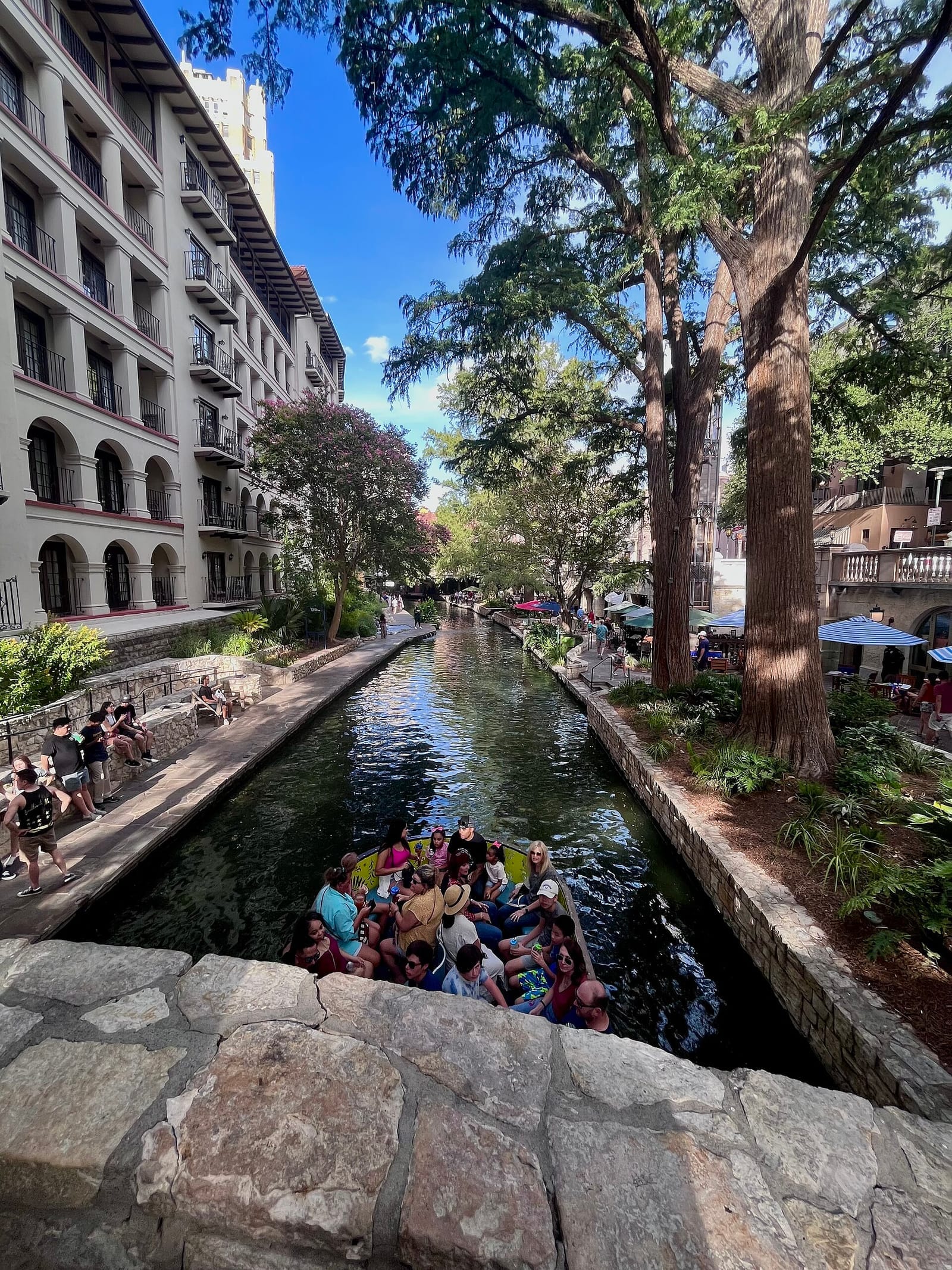 River barges drifting beneath cypress trees and stone bridges on the San Antonio Riverwalk